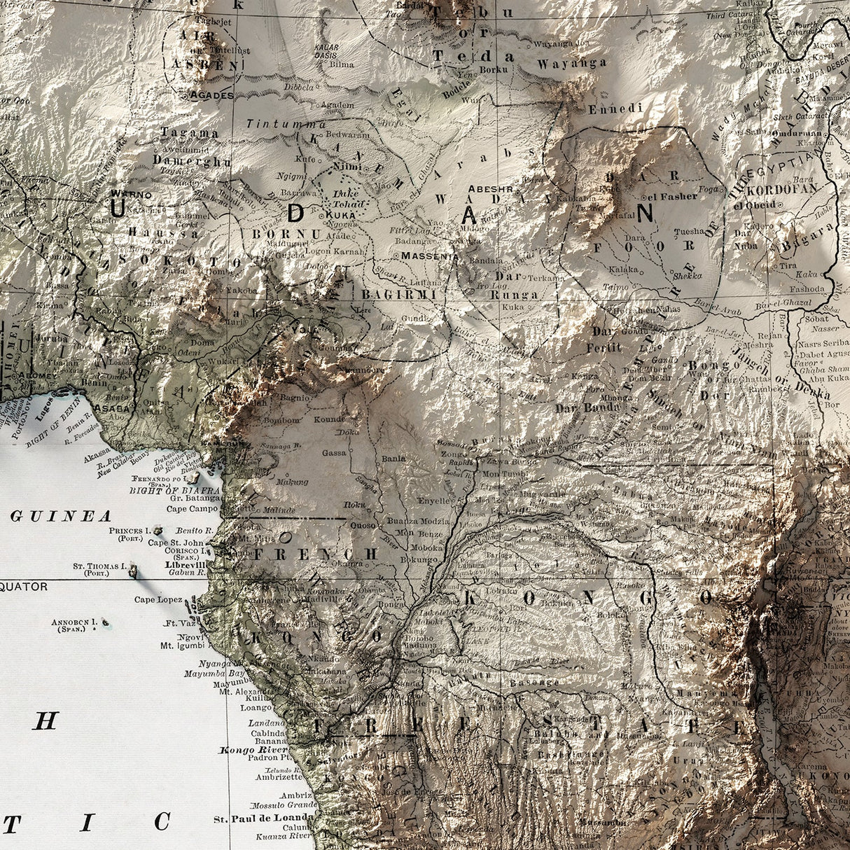 Africa Elevation Map | 1892 Vintage Topographic Reproduction