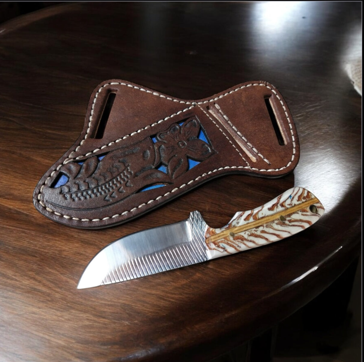 7.5" Back of Belt Knife – Rasp Tool Blade & White Pine Cone Handle with Leather Sheath